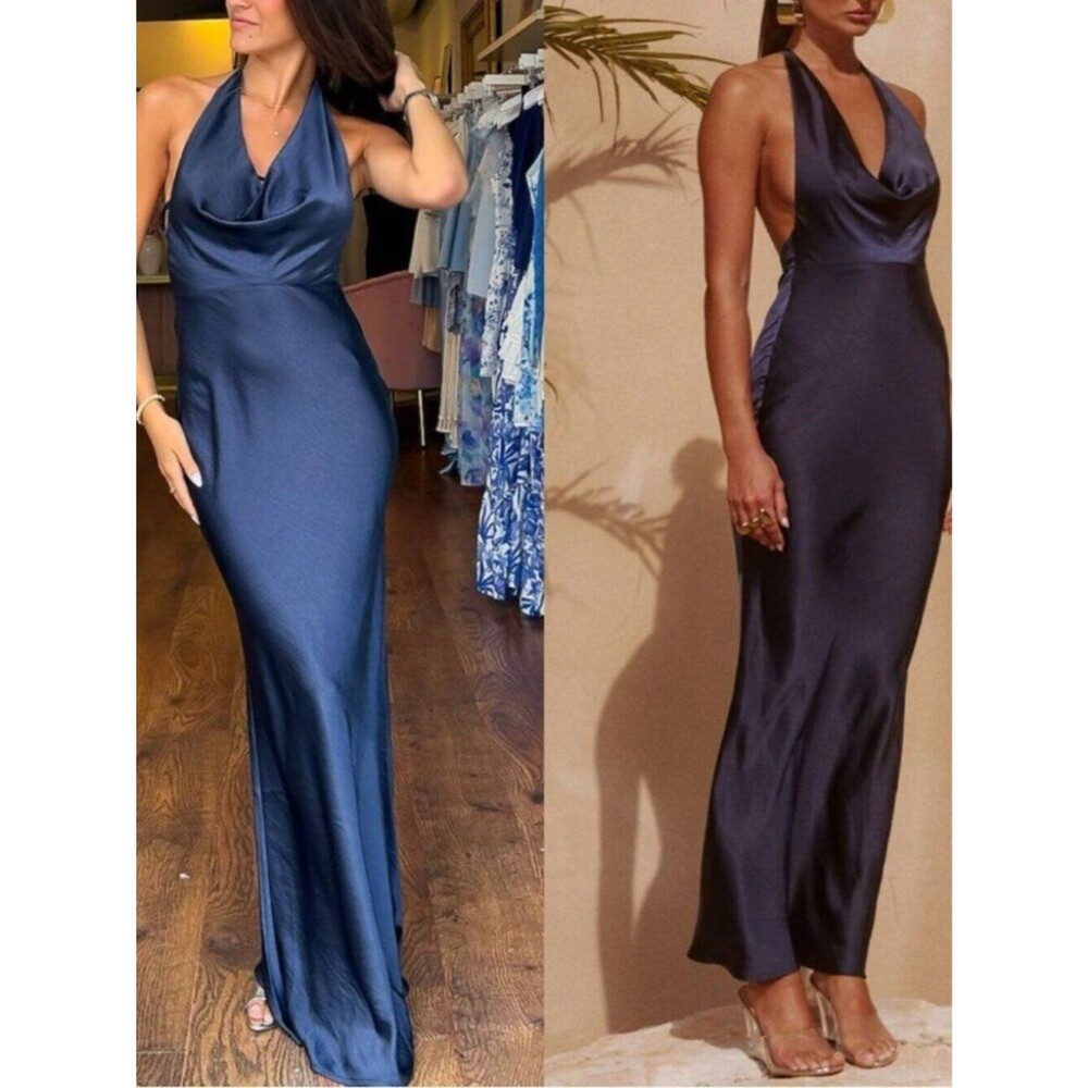 Runaway the Label Maxi Dress Navy Blue Satin Cowl Halter Slip Posey size M